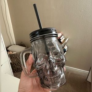 SKULL DRINK GLASS MASON JAR WITH CAP & STRAW NEW
